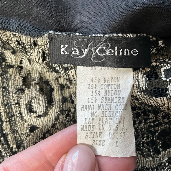 Kay Celine NYE Party Stretch Mesh Lace Top Floral Holiday Event Black Cream L - Picture 10 of 10